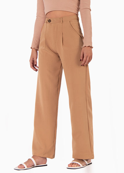 Pantalón tiro alto wide leg color café para mujer - Flashy