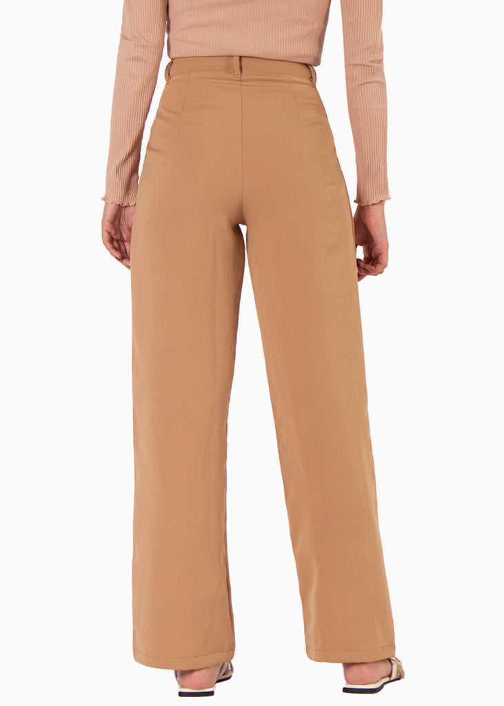 Pantalón tiro alto wide leg color café para mujer - Flashy