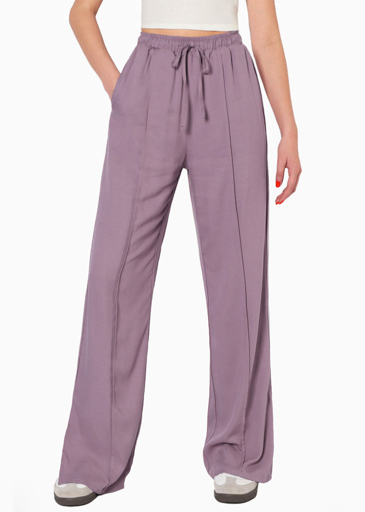 Pantalón wide leg con aberturas en frente, elástico en cintura y anudado color morado para mujer - Flashy