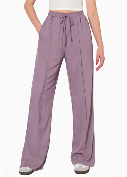 Pantalón wide leg con aberturas en frente, elástico en cintura y anudado color morado para mujer - Flashy