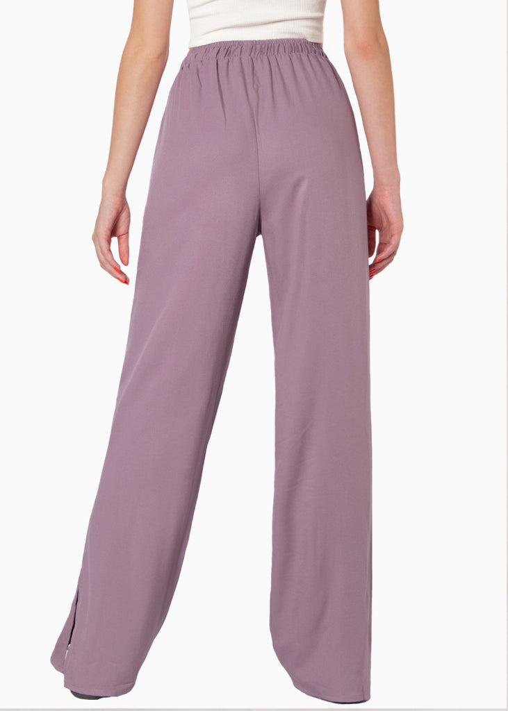 Pantalón wide leg con aberturas en frente, elástico en cintura y anudado color morado para mujer - Flashy