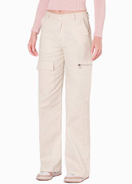 Pantalón wide leg con bolsillo parche y cierre decorativo color beige para mujer - Flashy
