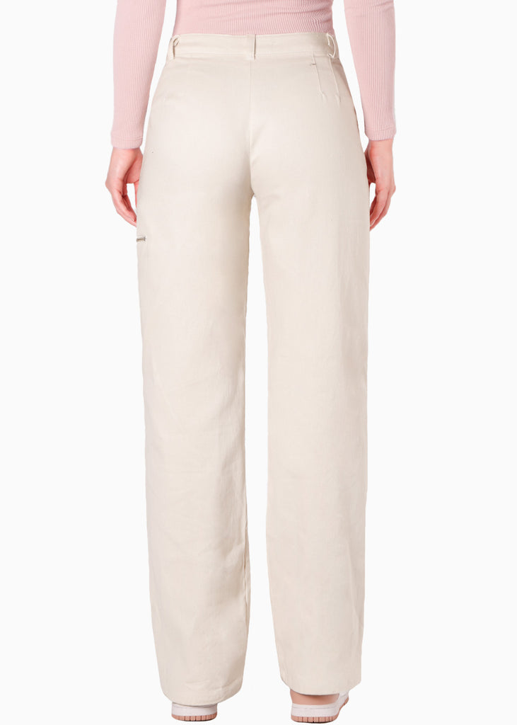 Pantalón wide leg con bolsillo parche y cierre decorativo color beige para mujer - Flashy