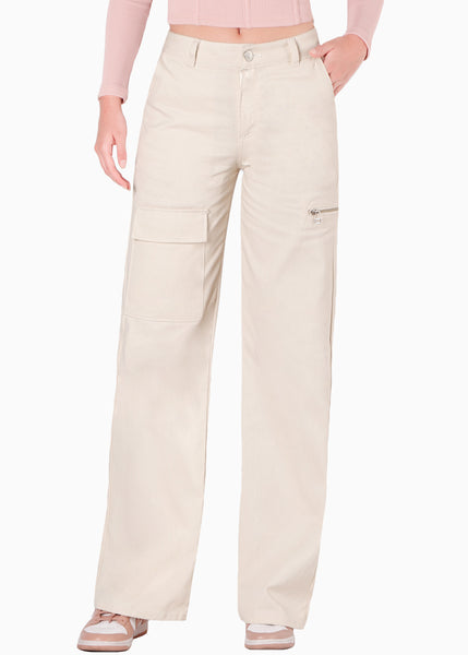 Pantalón wide leg con bolsillo parche y cierre decorativo color beige para mujer - Flashy