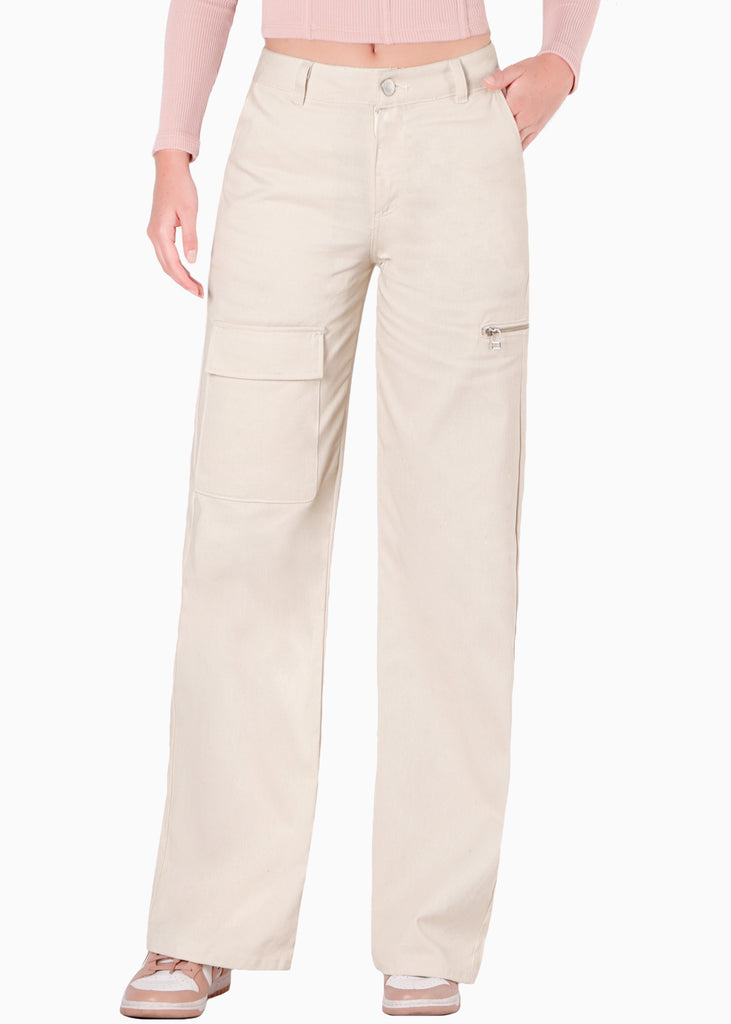 Pantalón wide leg con bolsillo parche y cierre decorativo color beige para mujer - Flashy