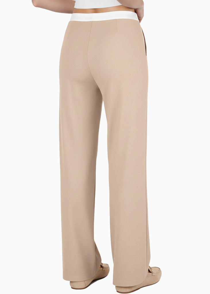 Pantalón wide leg con doble pretina en contraste - NACAR.BEIGE