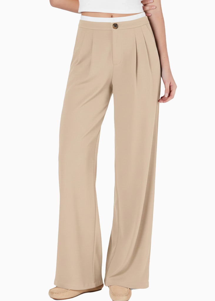 Pantalón wide leg con doble pretina en contraste - NACAR.BEIGE