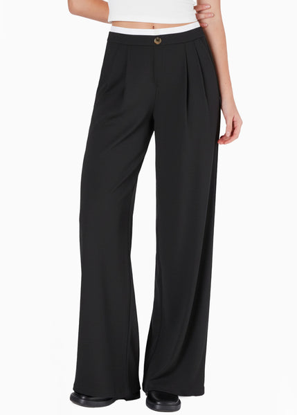 Pantalón wide leg con doble pretina en contraste - NACAR