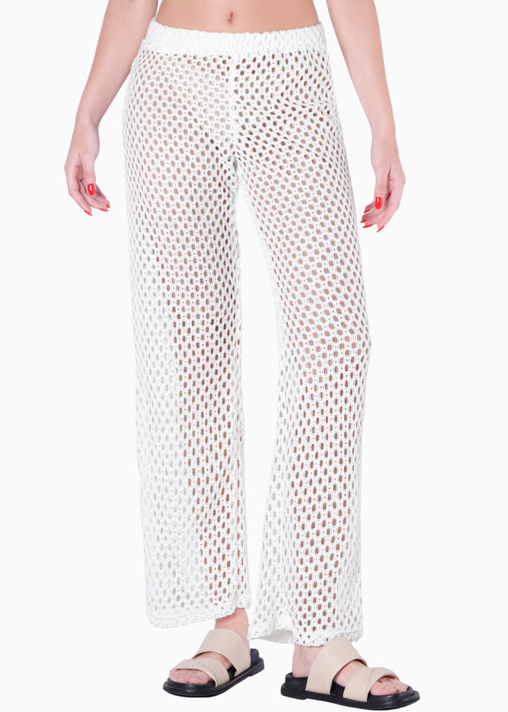 Pantalón wide leg con elástico en cintura color blanco, marfil para mujer - Flashy