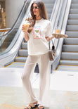 Pantalón wide leg con elástico en cintura color blanco, marfil para mujer - Flashy