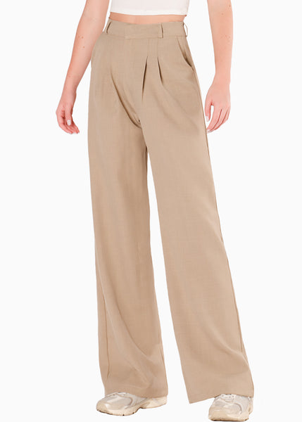 Pantalón wide leg con prenses color beige para mujer - Flashy