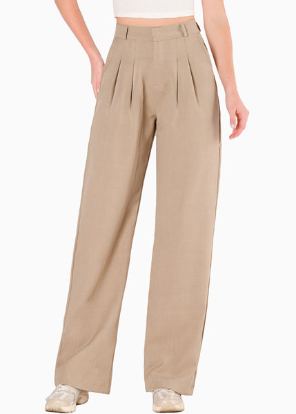 Pantalón wide leg con prenses color beige para mujer - Flashy