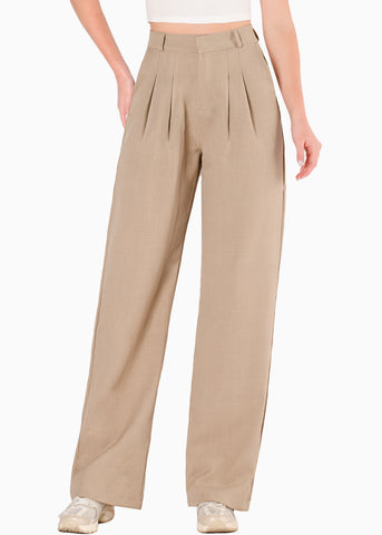 Pantalón wide leg con prenses color beige para mujer - Flashy