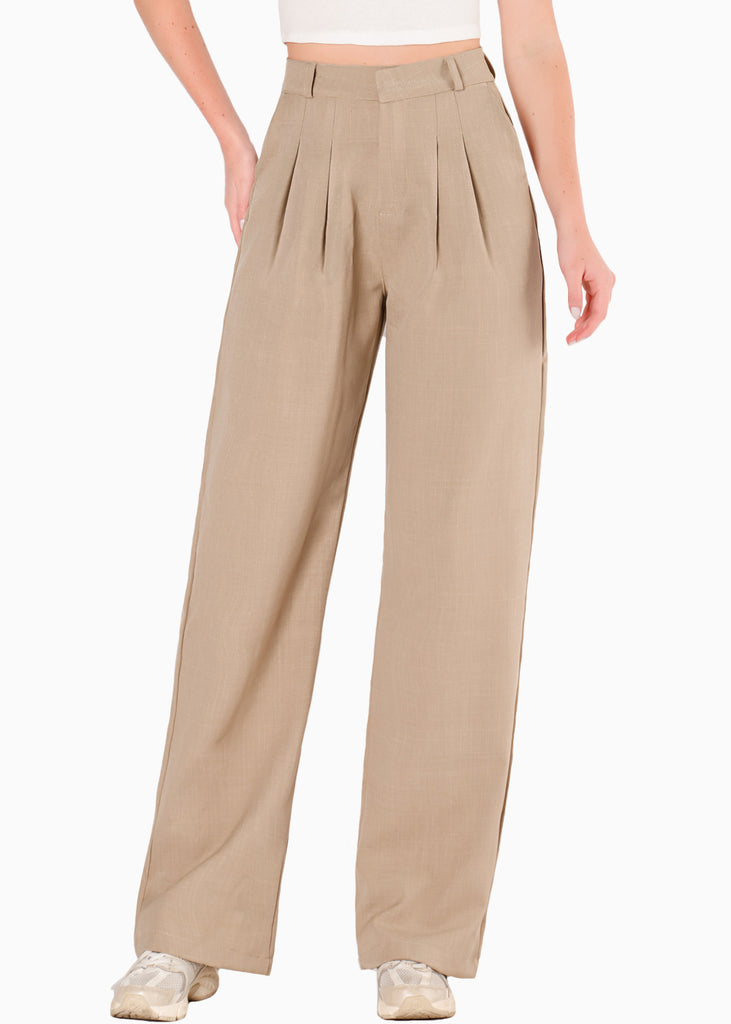 Pantalón wide leg con prenses color beige para mujer - Flashy