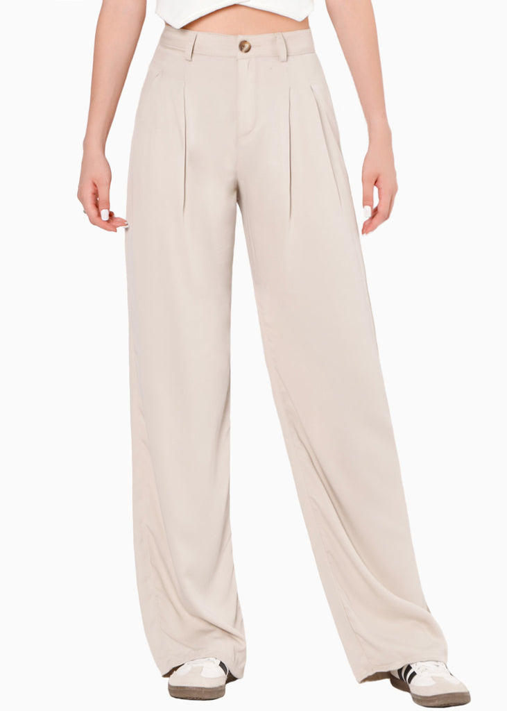 Pantalón wide leg de tiro alto color beige para mujer - Flashy