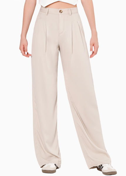 Pantalón wide leg de tiro alto color beige para mujer - Flashy