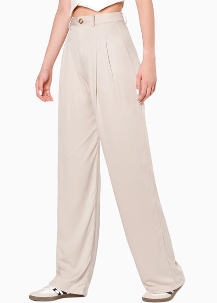Pantalón wide leg de tiro alto color beige para mujer - Flashy