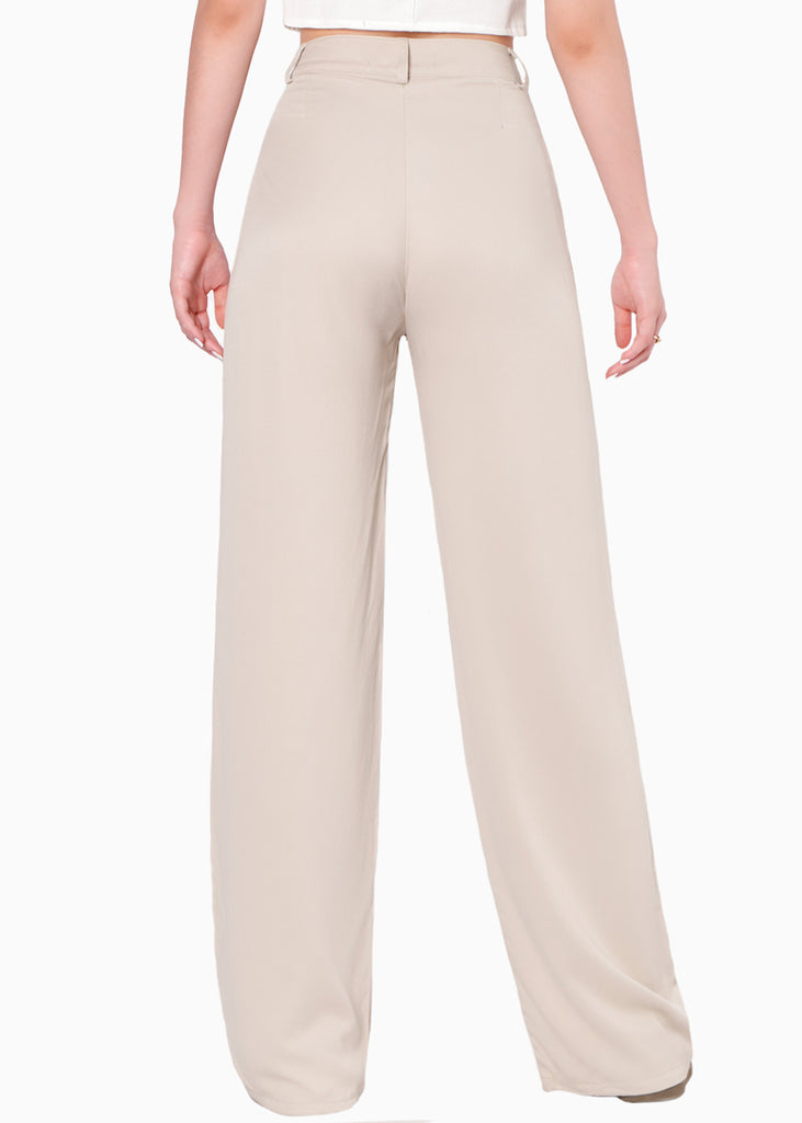 Pantalón wide leg de tiro alto color beige para mujer - Flashy