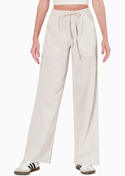 Pantalón recto tipo lino con elástico en cintura y anudado  para mujer - Flashy