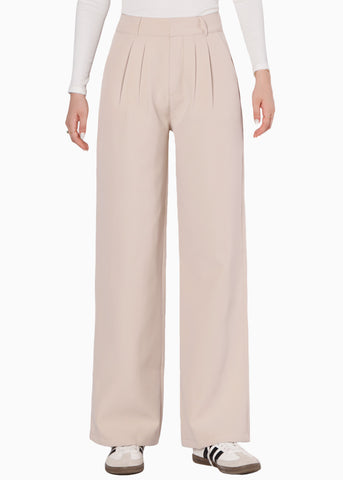 Pantalón wide leg tipo sastre color beige para mujer - Flashy