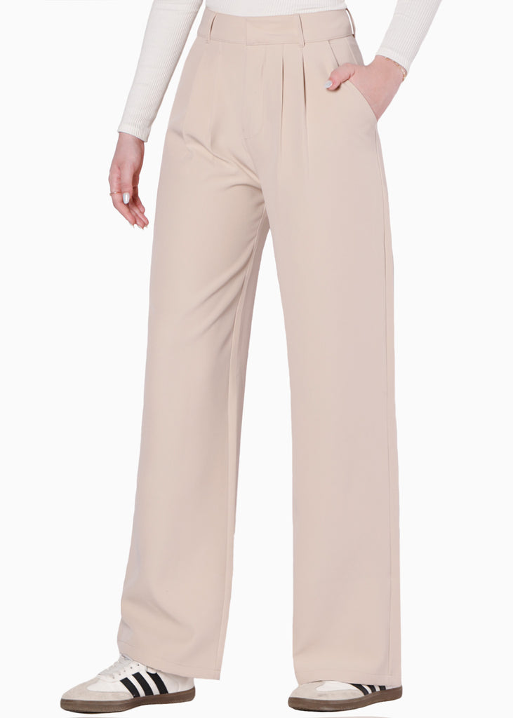 Pantalón wide leg tipo sastre color beige para mujer - Flashy