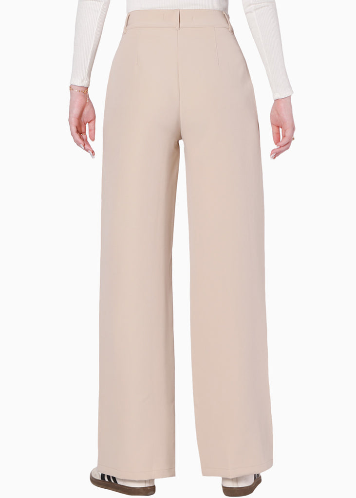 Pantalón wide leg tipo sastre color beige para mujer - Flashy