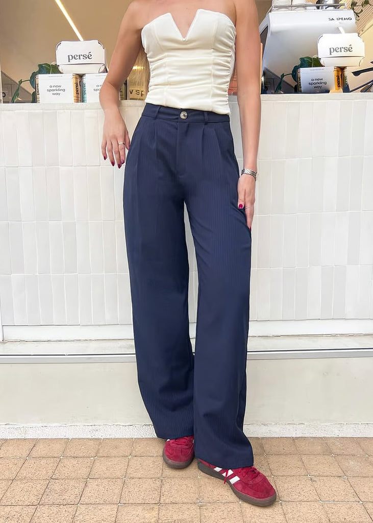 Pantalón wide leg tipo sastre color azul para mujer - Flashy