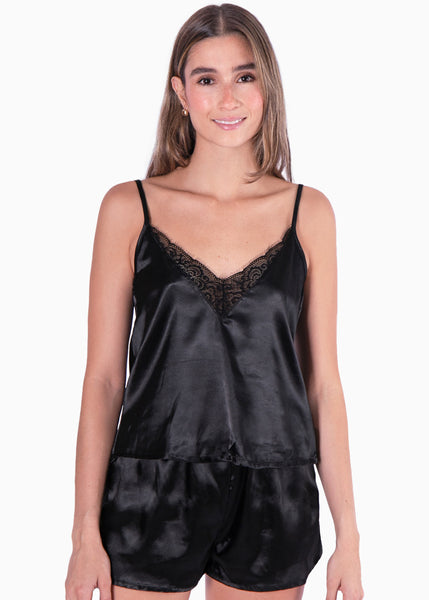Pijama con blusa de tiras con encaje y short color negro para mujer - Flashy