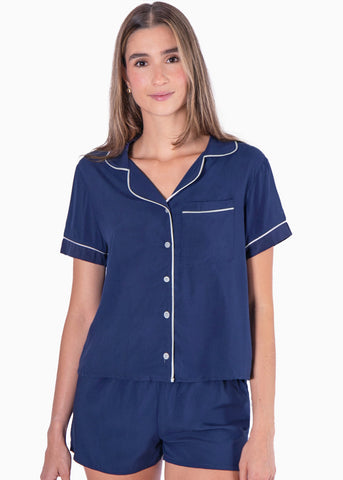 Pijama con blusa manga corta de botones y short color azul para mujer - Flashy