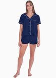 Pijama con blusa manga corta de botones y short color azul para mujer - Flashy