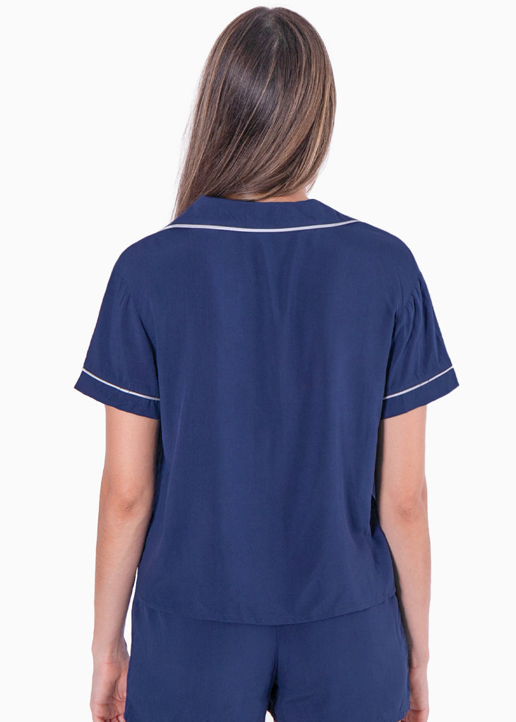 Pijama con blusa manga corta de botones y short color azul para mujer - Flashy