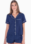 Pijama con blusa manga corta de botones y short color azul para mujer - Flashy