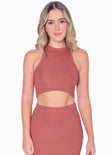 Set de falda larga y crop top halter sin mangas color terracota para mujer - Flashy