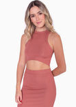 Set de falda larga y crop top halter sin mangas color terracota para mujer - Flashy