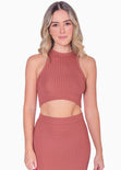 Set de falda larga y crop top halter sin mangas color terracota para mujer - Flashy