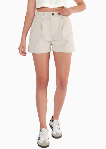 Short de corduroy tipo sastre de tiro alto y con pinzas color beige para mujer - Flashy