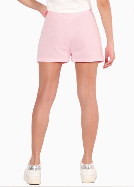 Short tipo sastre de lino, tiro alto y con pinzas color rosado para mujer - Flashy