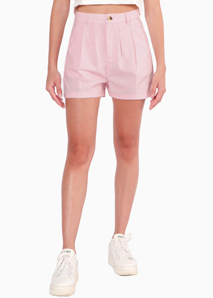 Short tipo sastre de lino, tiro alto y con pinzas color rosado para mujer - Flashy