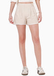 Short de lino de tiro alto y con sesgos en contraste color beige para mujer - Flashy