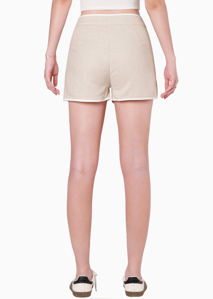 Short de lino de tiro alto y con sesgos en contraste color beige para mujer - Flashy