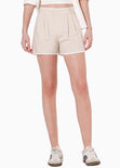 Short de lino de tiro alto y con sesgos en contraste color beige para mujer - Flashy
