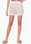 Short de tiro alto con anudado y tela tipo crochet color blanco, marfil para mujer - Flashy