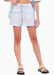 Short de tiro alto tipo lino con elástico en cintura y bolsillos color azul para mujer - Flashy