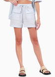 Short de tiro alto tipo lino con elástico en cintura y bolsillos color azul para mujer - Flashy