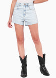 Short mom de tiro alto color azul, denim para mujer - Flashy