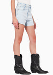 Short mom de tiro alto color azul, denim para mujer - Flashy