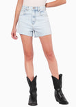 Short mom de tiro alto color azul, denim para mujer - Flashy