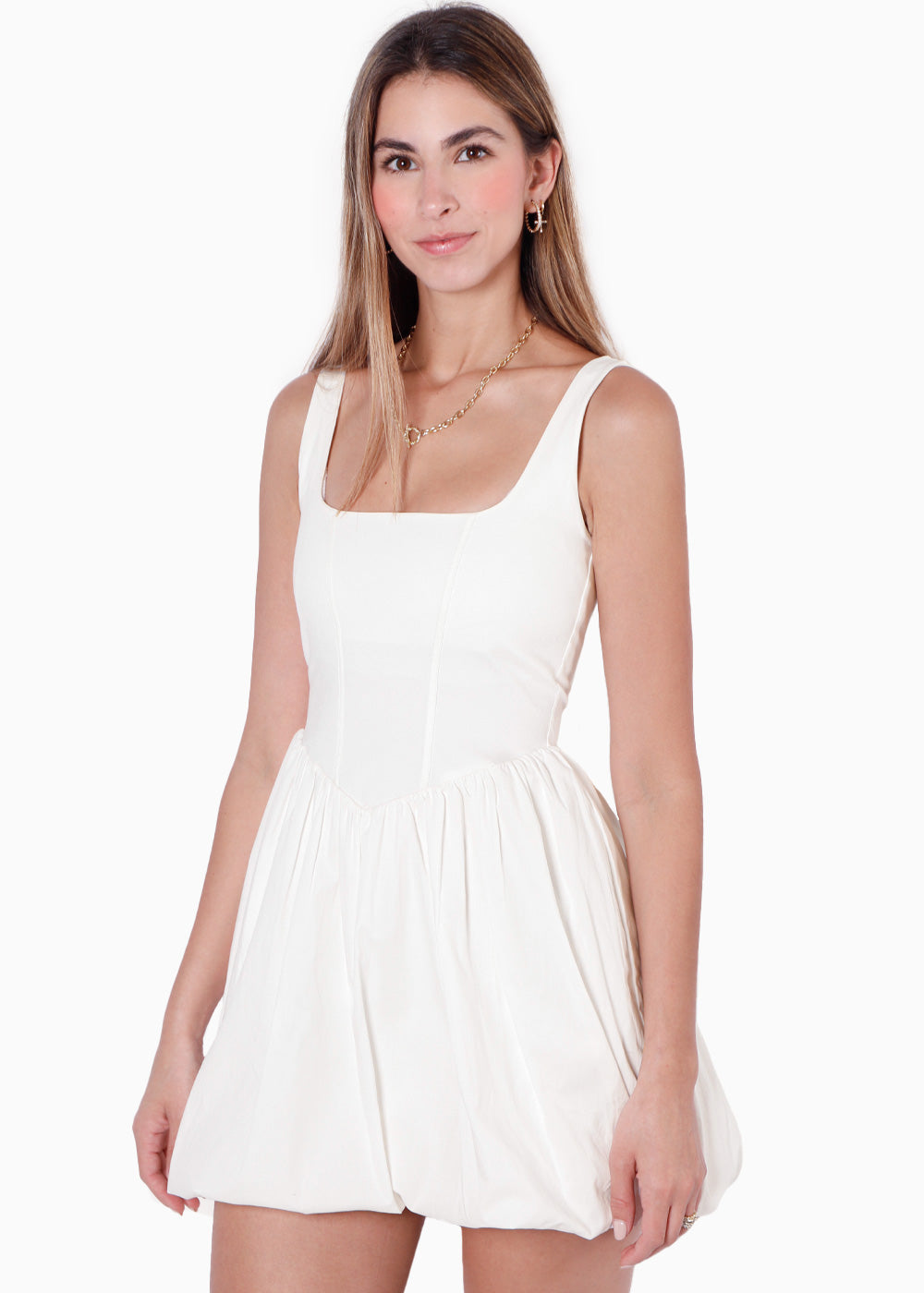 Vestido de Tiras Tipo Corset con Falda Englobada Color Marfil IDRIS