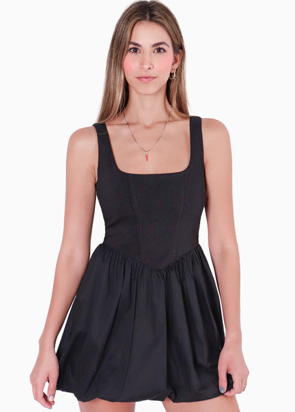 Vestido corto de tiras tipo corset con falda englobada color negro para mujer - Flashy