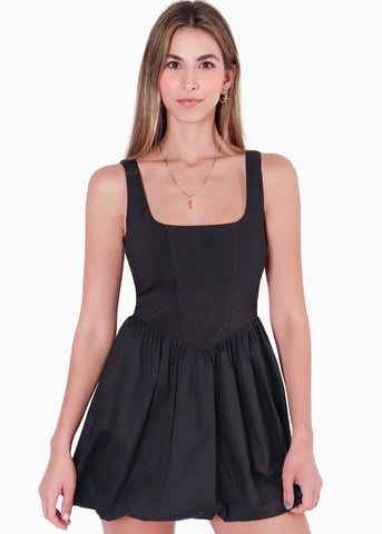 Vestido corto de tiras tipo corset con falda englobada color negro para mujer - Flashy